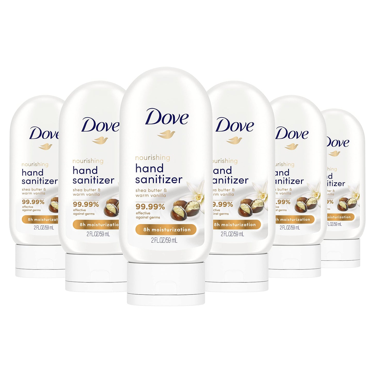 Desinfectante nutritivo de manos Dove 99.99 por ciento eficaz contra los gérmenes, manteca de karité y vainilla cálida, gel antibacteriano con 61 por ciento de alcohol y humectación duradera hasta por 8 horas, 2 oz, paquete de 6