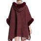 Faux Fur Hood Sleeve Trim Ruana Poncho Outwear