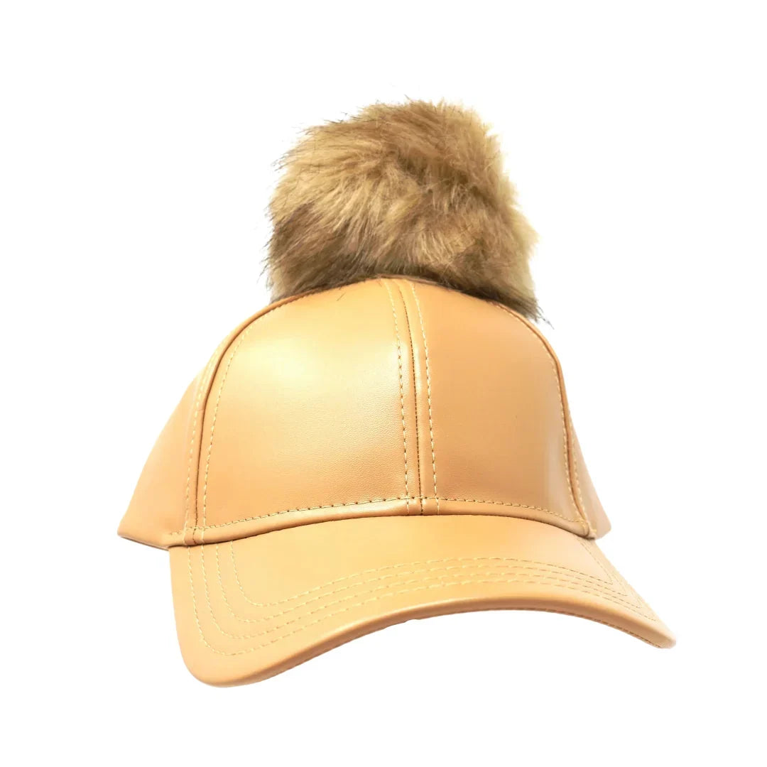 Faux Leather Fur Pom C.C Ball Cap