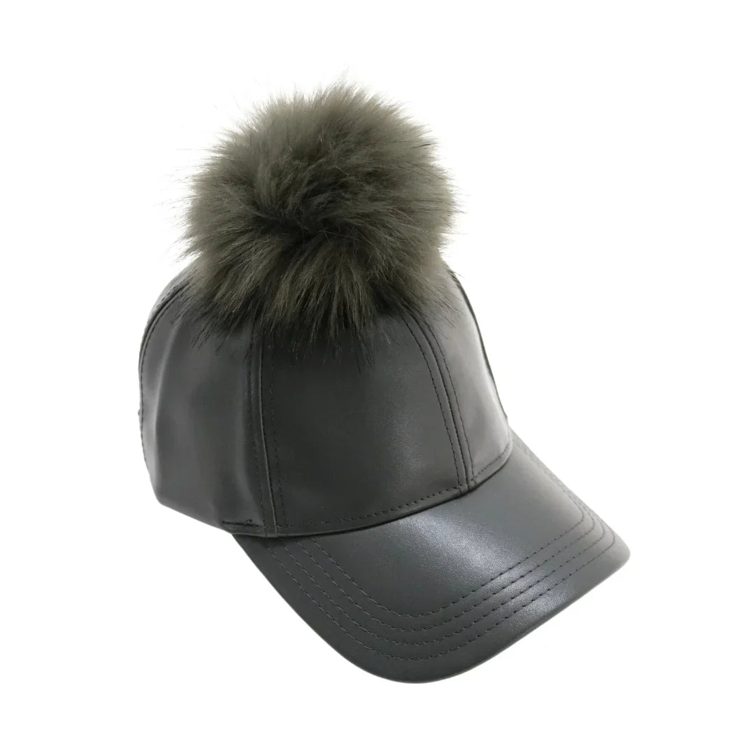 Faux Leather Fur Pom C.C Ball Cap