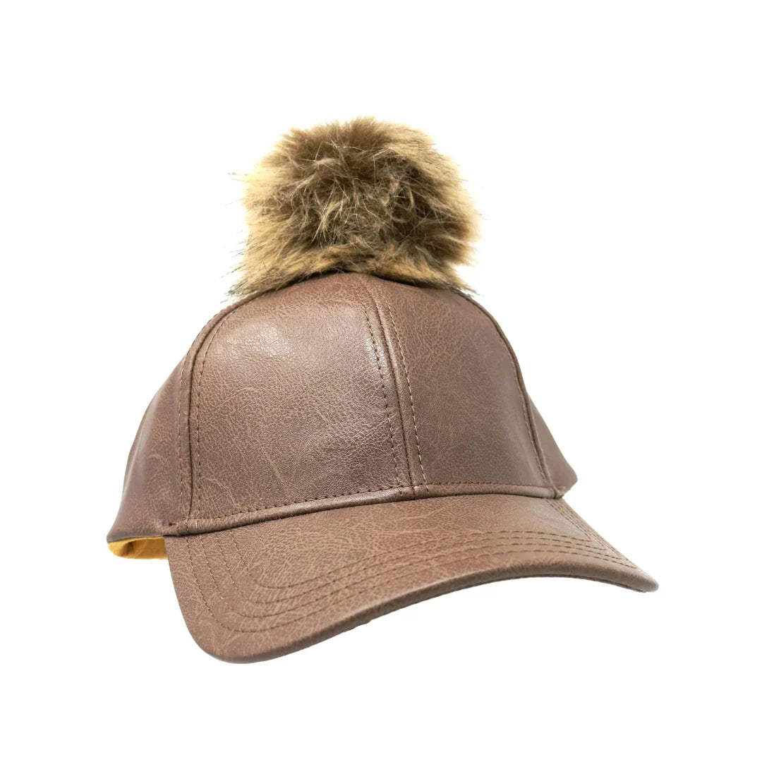 Faux Leather Fur Pom C.C Ball Cap