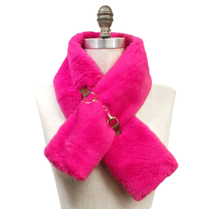 Faux Leather Metal Accent Faux Fur Pull Through Scarf