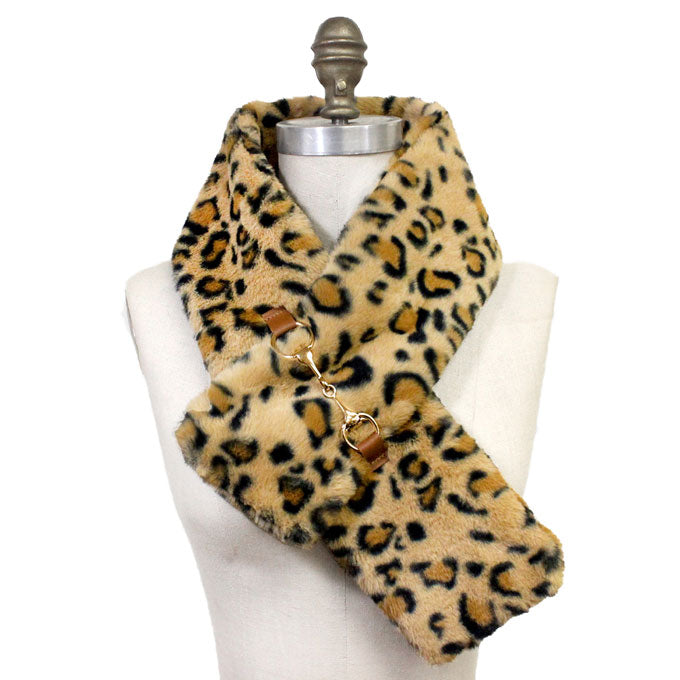 Faux Leather Metal Accent Faux Fur Pull Through Scarf