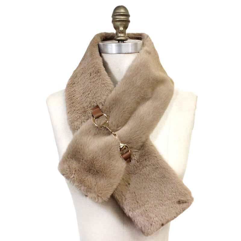 Faux Leather Metal Accent Faux Fur Pull Through Scarf