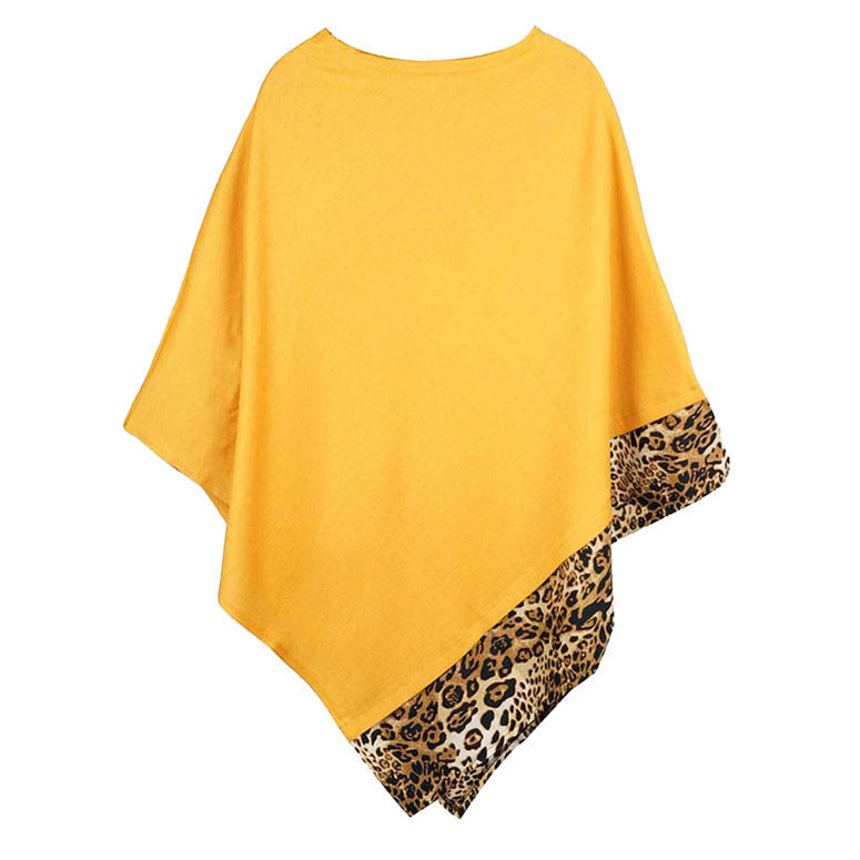 Faux Leopard Trim Solid Poncho Ruana Shawl Cape