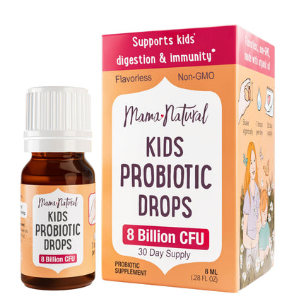 Gotas probióticas Mama Natural Kids (a partir de 3 años) | Probiótico para niños pequeños para la salud digestiva y el apoyo inmunológico - Probióticos aprobados por pediatras para niños | 30 porciones - Probiótico líquido sin sabor
