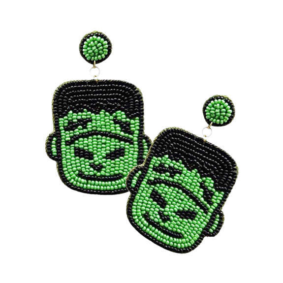 Felt Back Seed Beaded Frankenstein Dangle Earrings