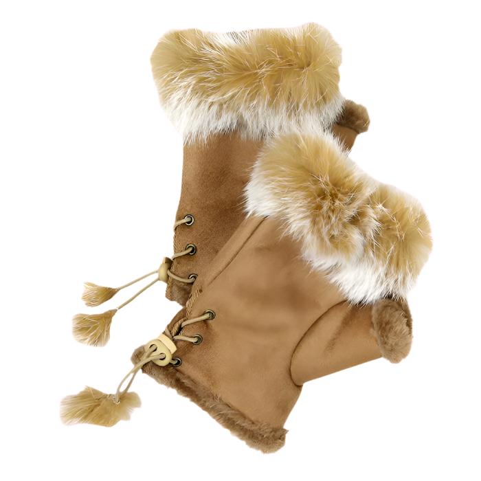 Women's Fingerless Faux Fur Trim Suede Gloves Drawstring