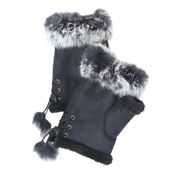 Women's Fingerless Faux Fur Trim Suede Gloves Drawstring