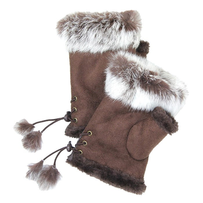 Women's Fingerless Faux Fur Trim Suede Gloves Drawstring
