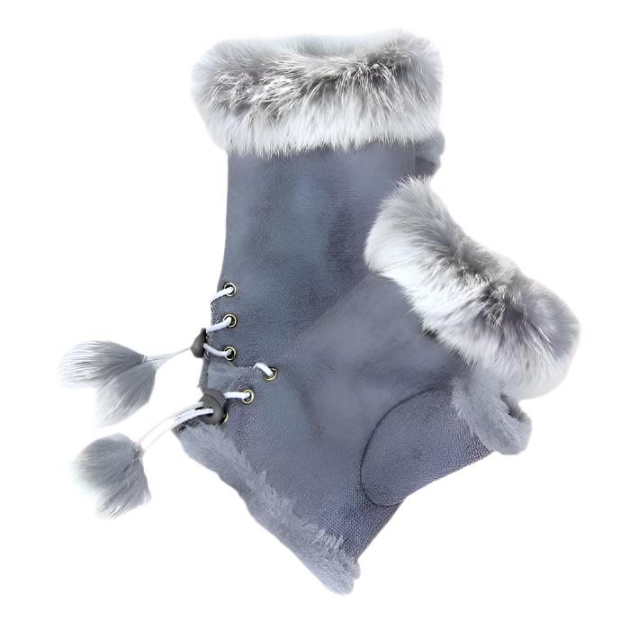 Women's Fingerless Faux Fur Trim Suede Gloves Drawstring