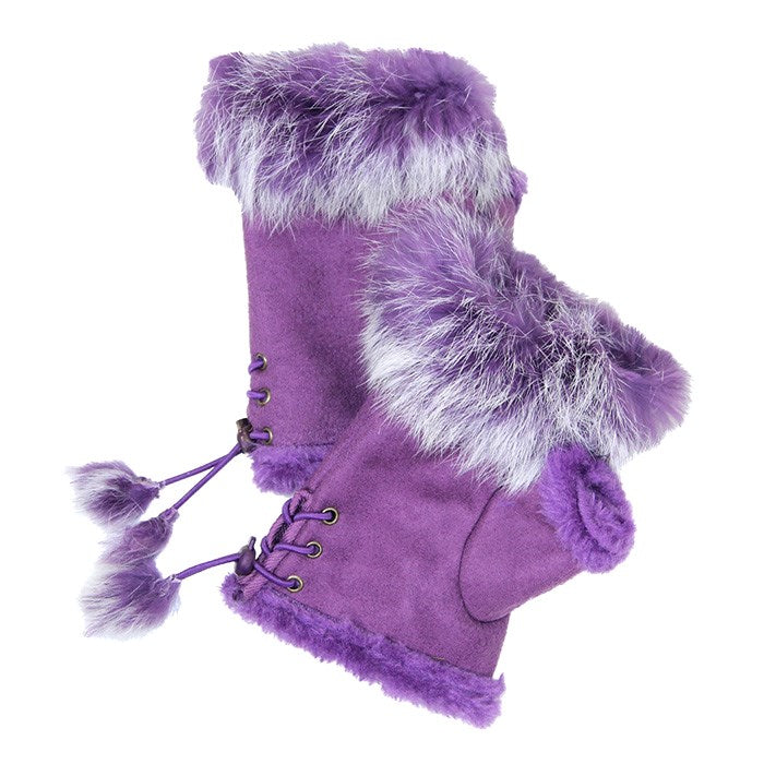 Women's Fingerless Faux Fur Trim Suede Gloves Drawstring