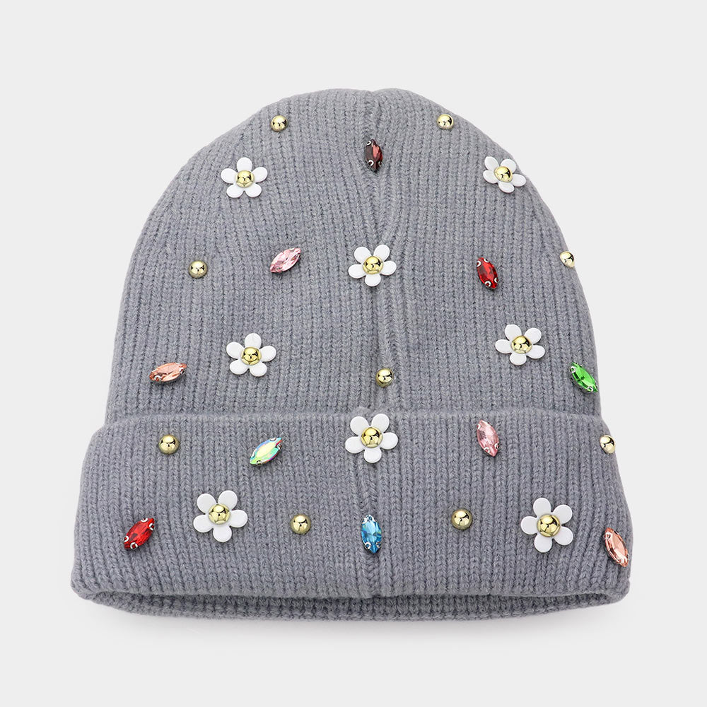 Fleece Lining Daisy Flower Stone Embellished Solid Knit Beanie Hat