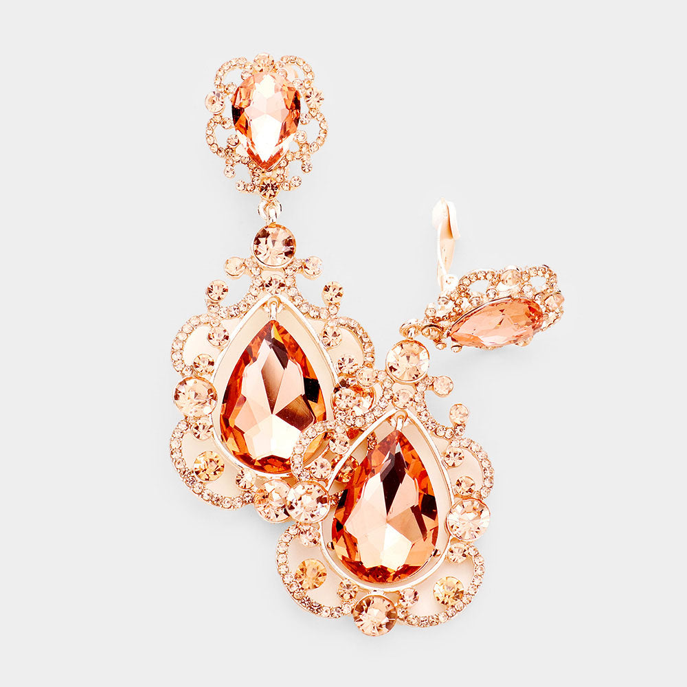 Floral Crystal Teardrop Clip On Evening Earrings