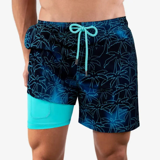 Bermudas híbridas Foggy Palms, traje de baño y pantalón corto con forro de compresión