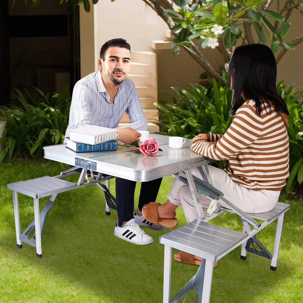 Mesa de pícnic plegable con 4 asientos y orificio para sombrilla