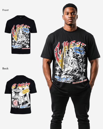 G West Mens Cosmic Sky Ride Double Hit Premium Oversized  Tee Front And Back Print