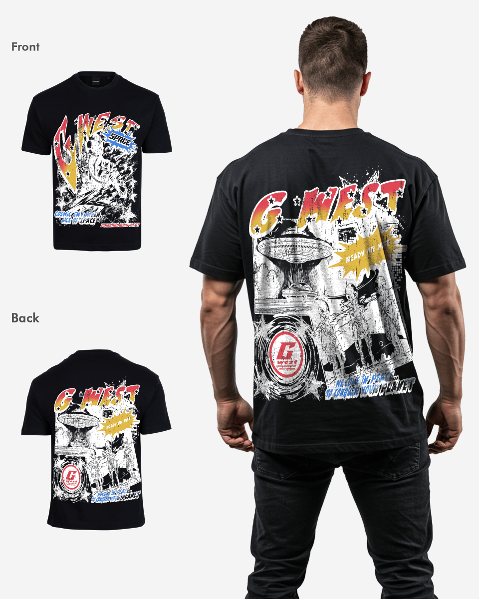 G West Mens Cosmic Sky Ride Double Hit Premium Oversized  Tee Front And Back Print