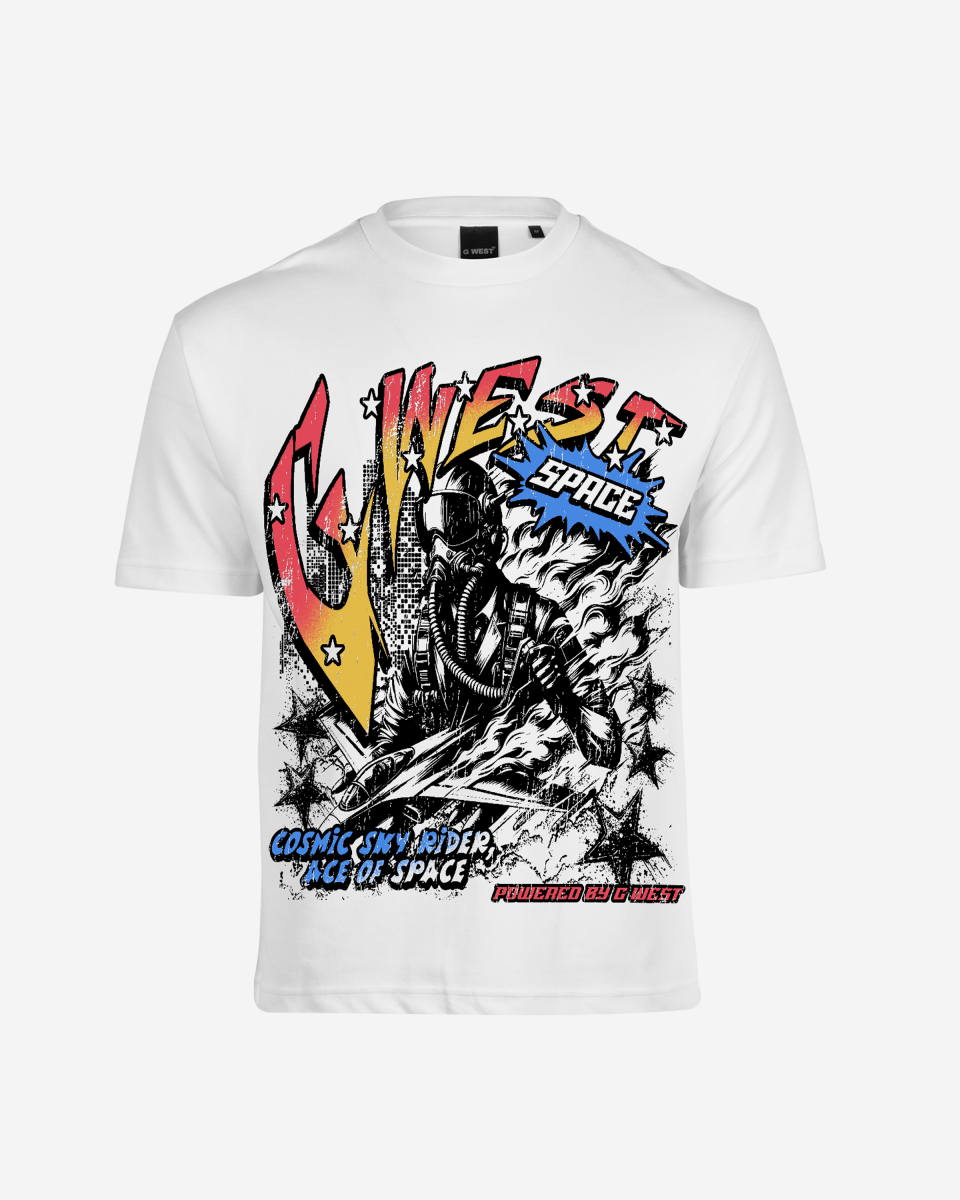 G West Mens Cosmic Sky Ride Double Hit Premium Oversized  Tee Front And Back Print