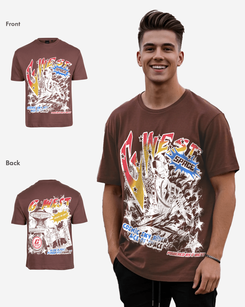 G West Mens Cosmic Sky Ride Double Hit Premium Oversized  Tee Front And Back Print