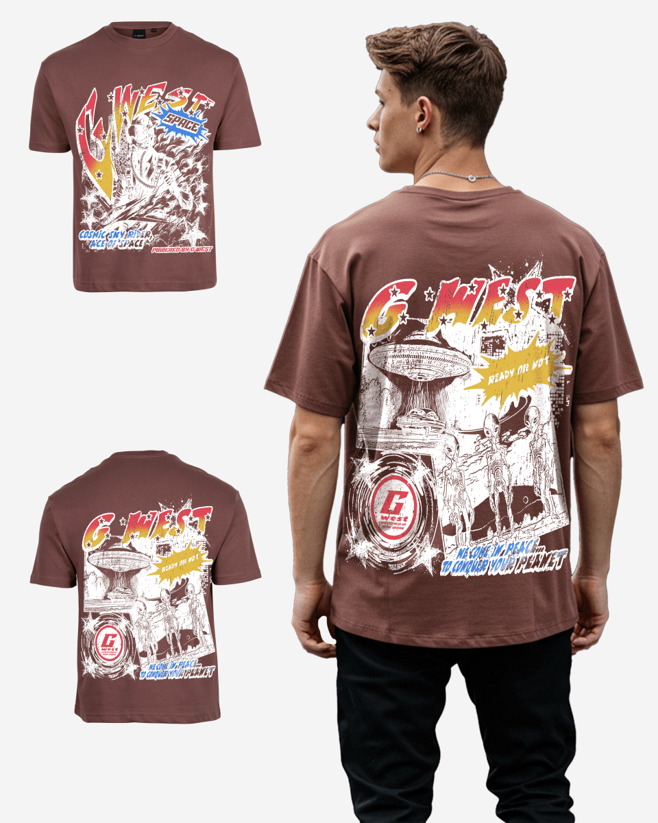 G West Mens Cosmic Sky Ride Double Hit Premium Oversized  Tee Front And Back Print