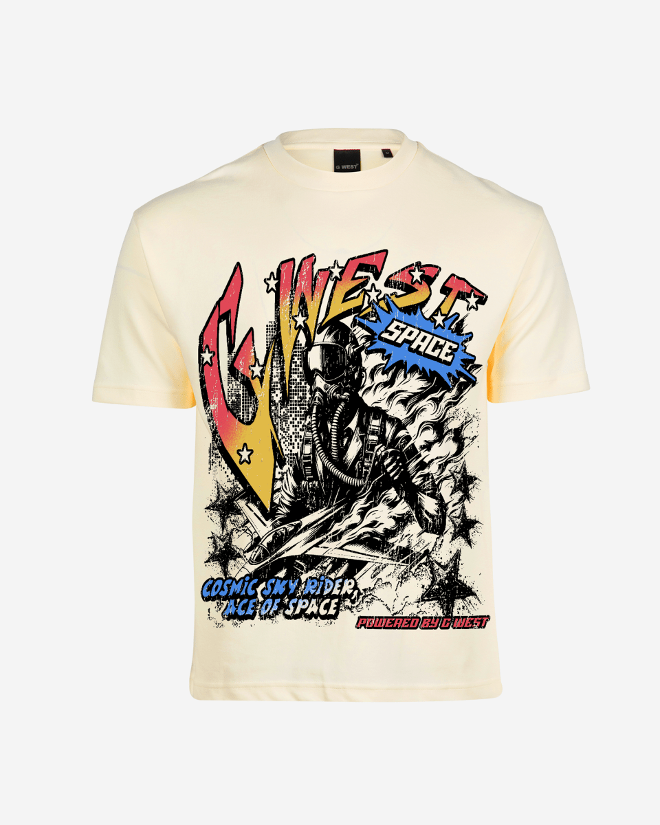 G West Mens Cosmic Sky Ride Double Hit Premium Oversized  Tee Front And Back Print
