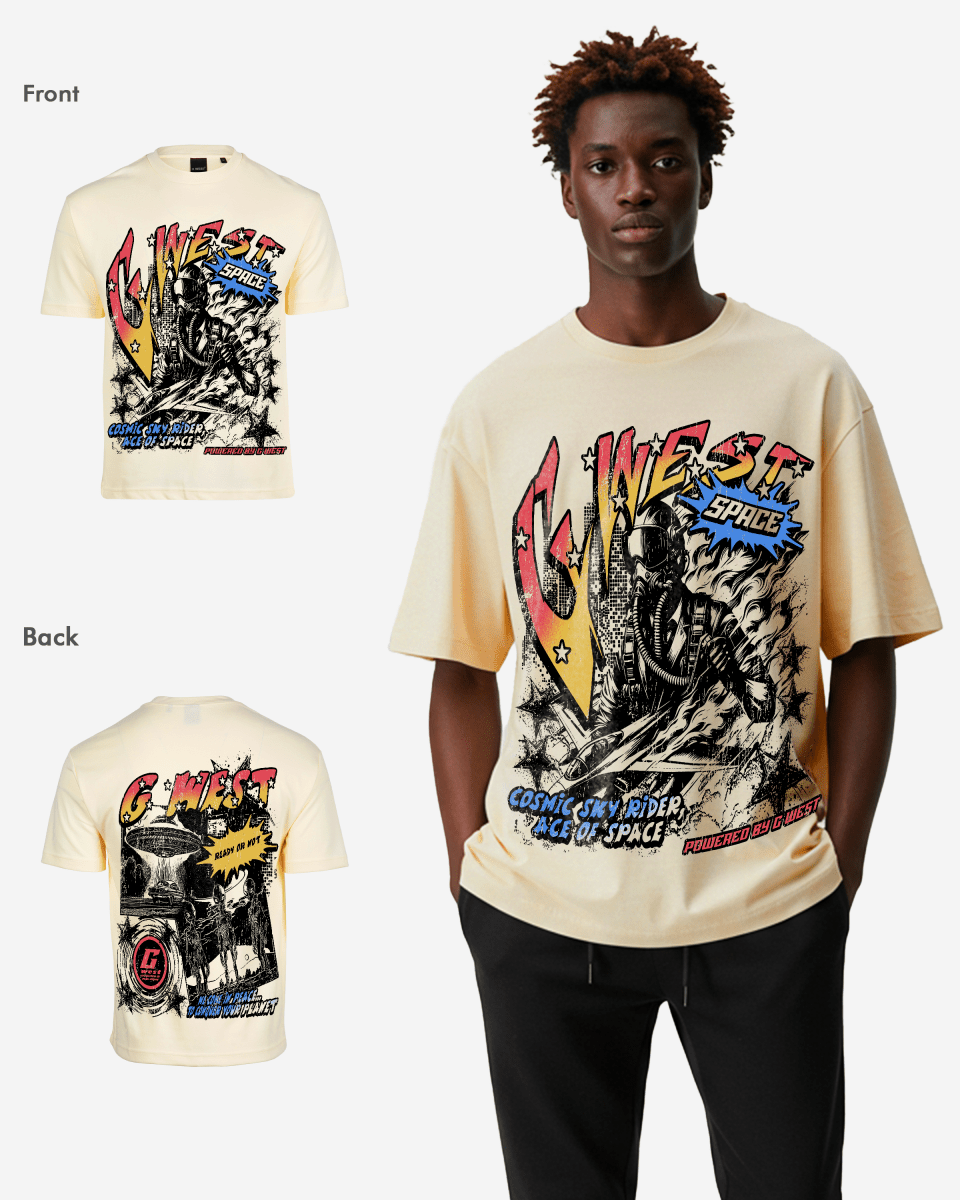 G West Mens Cosmic Sky Ride Double Hit Premium Oversized  Tee Front And Back Print