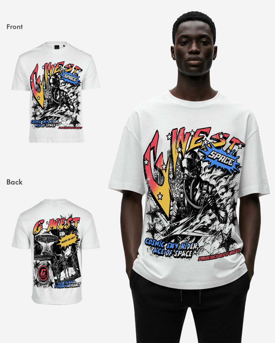 G West Mens Cosmic Sky Ride Double Hit Premium Oversized  Tee Front And Back Print