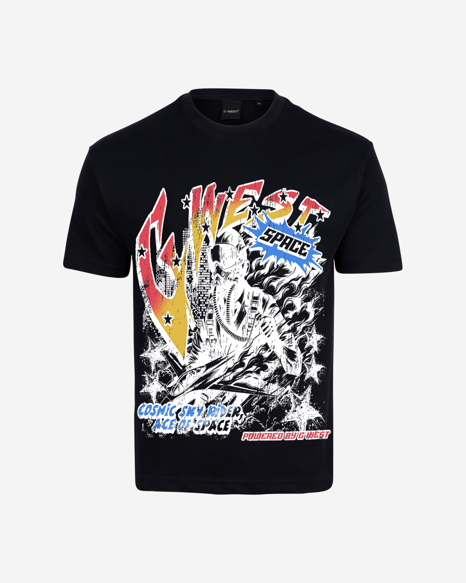G West Mens Cosmic Sky Ride Double Hit Premium Oversized  Tee Front And Back Print