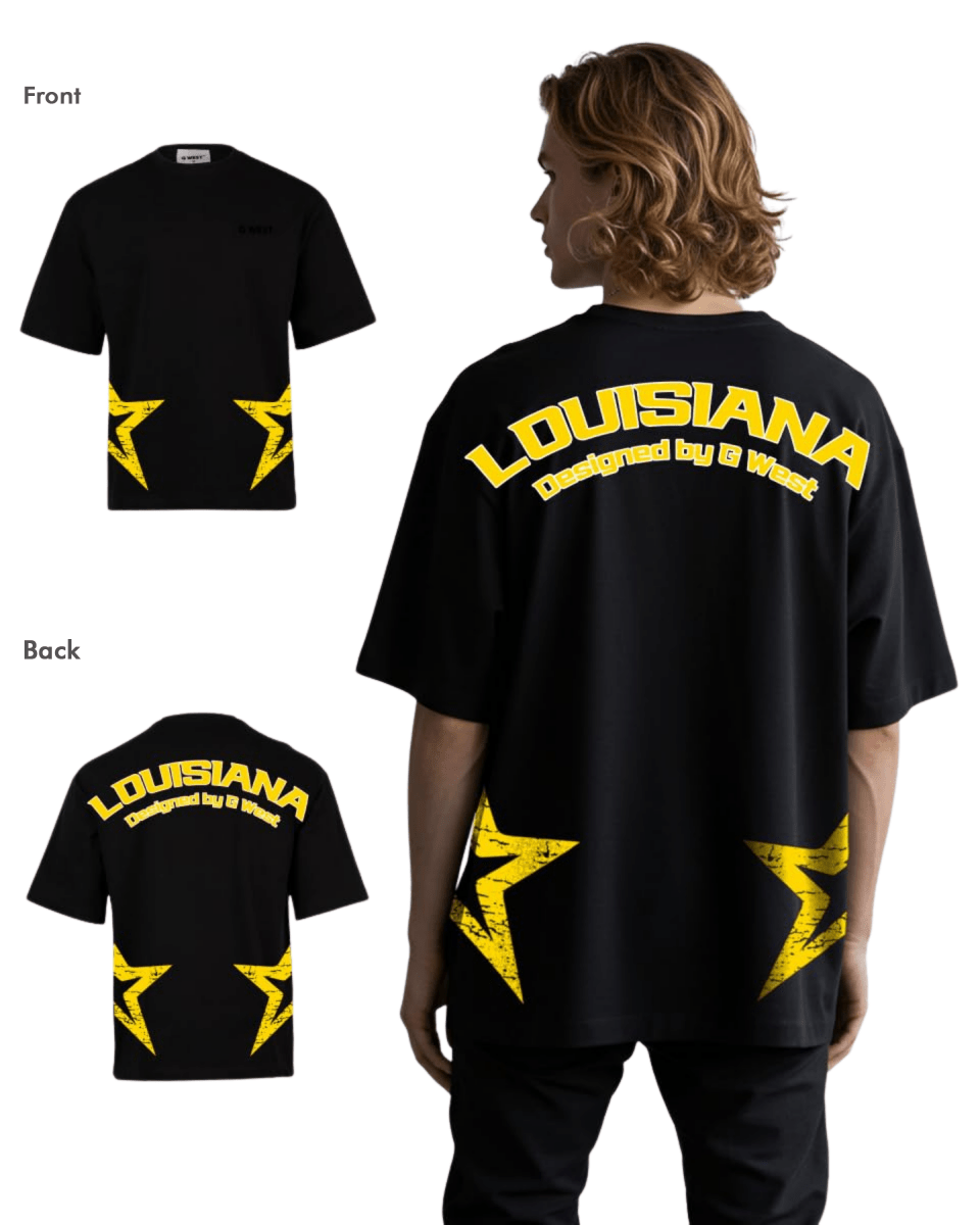 G West Mens Oversized Louisiana Arch Logo Black Tee