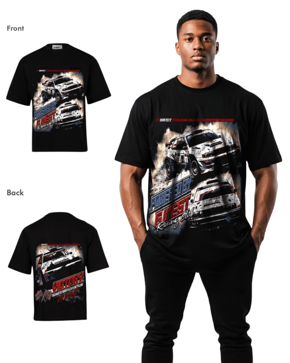 G West Mens Racing Club Double Hit Premium Oversized Tee Front And Back Print