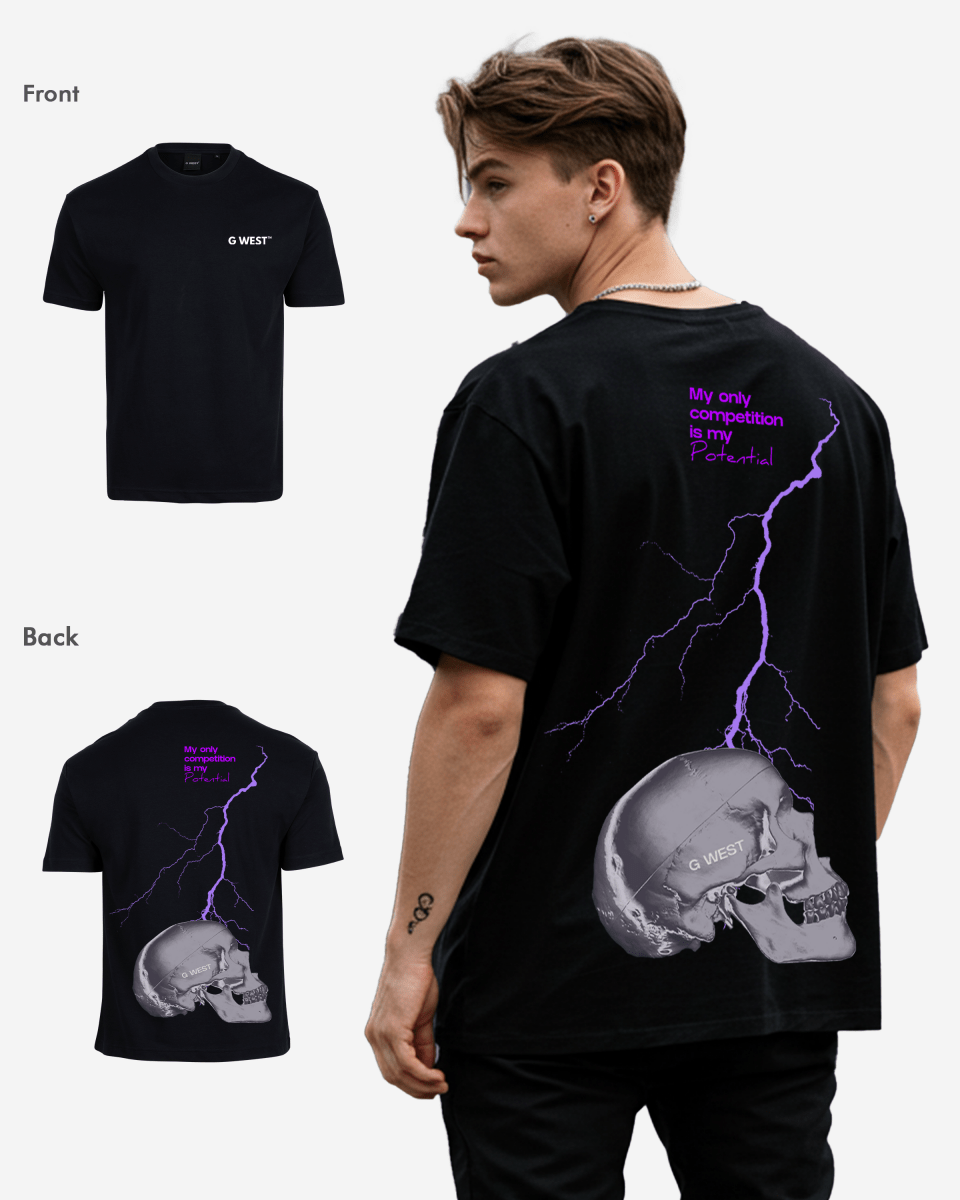 G West Oversized Lighting Skull T-Shirt Mens