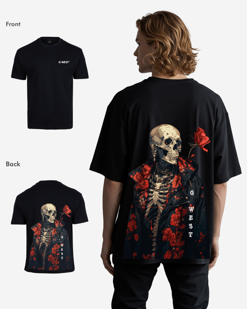 G West Mens Oversized Skull & Rose T Shirt