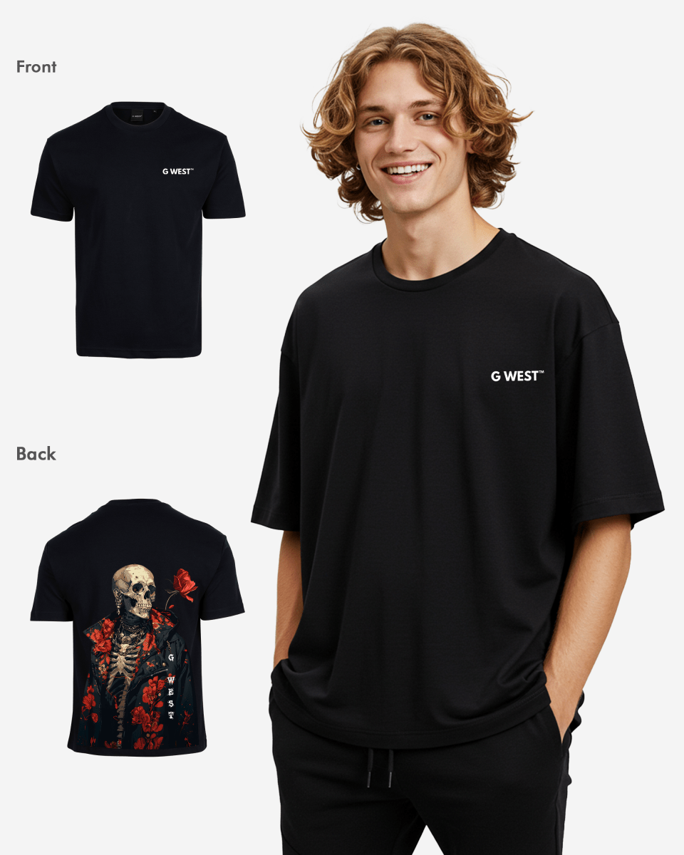 G West Mens Oversized Skull & Rose T Shirt
