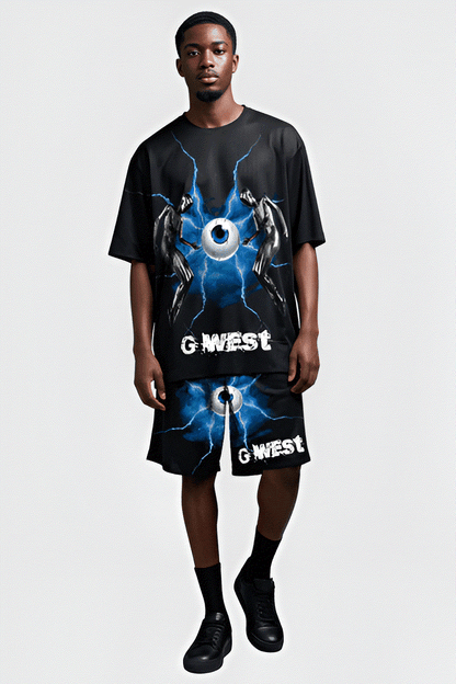 G WEST RHINSTONE EYE OF THE POWER 3/4 SLEEVES MESH SHORT SET