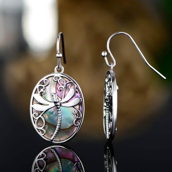 Pendientes colgantes con gancho de libélula y perlas de abulón azul genuino