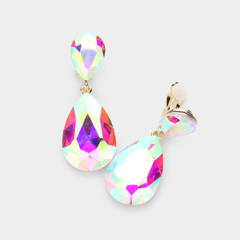 Women's Glass Crystal Double Teardrop Clip on Evening Dangle Earrings