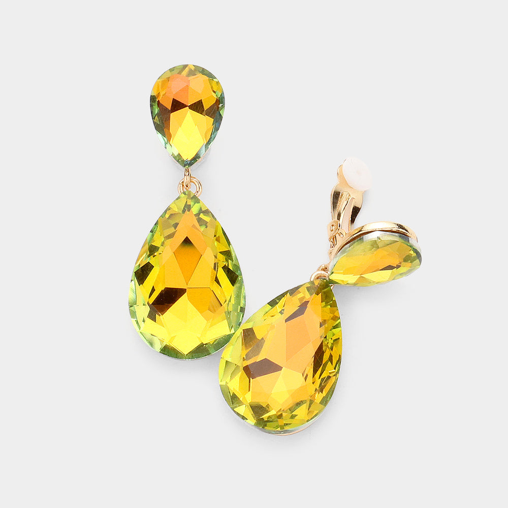 Women's Glass Crystal Double Teardrop Clip on Evening Dangle Earrings