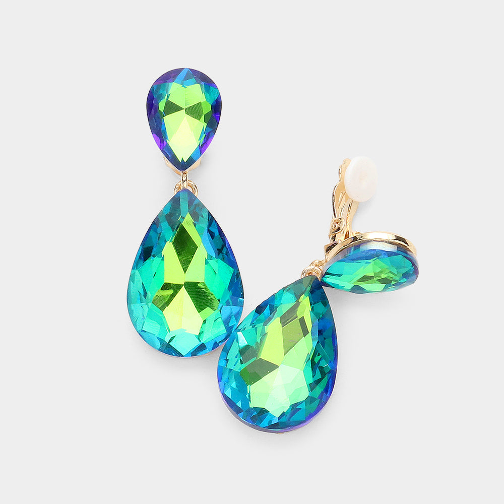 Women's Glass Crystal Double Teardrop Clip on Evening Dangle Earrings