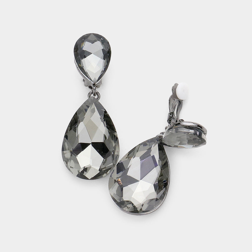 Women's Glass Crystal Double Teardrop Clip on Evening Dangle Earrings