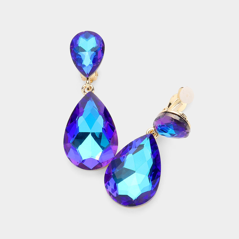 Women's Glass Crystal Double Teardrop Clip on Evening Dangle Earrings