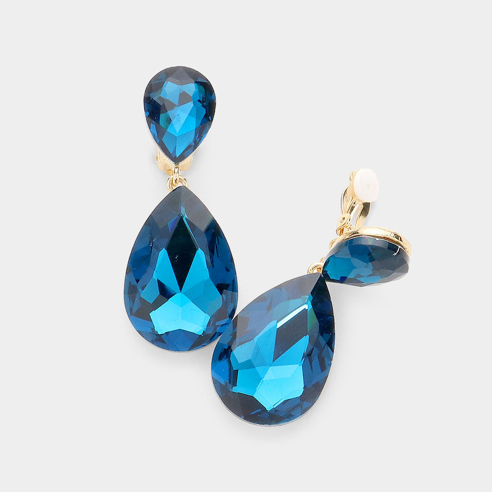 Women's Glass Crystal Double Teardrop Clip on Evening Dangle Earrings
