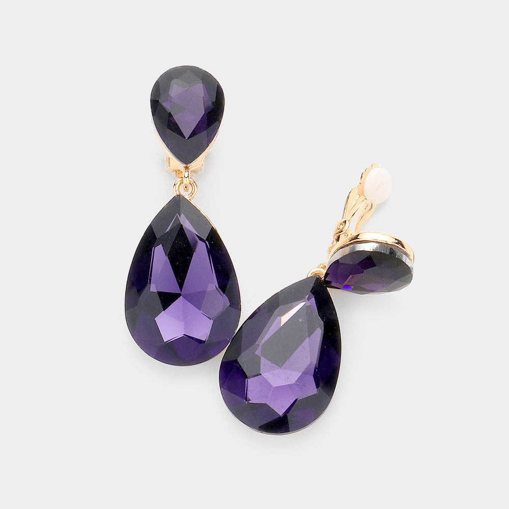 Women's Glass Crystal Double Teardrop Clip on Evening Dangle Earrings