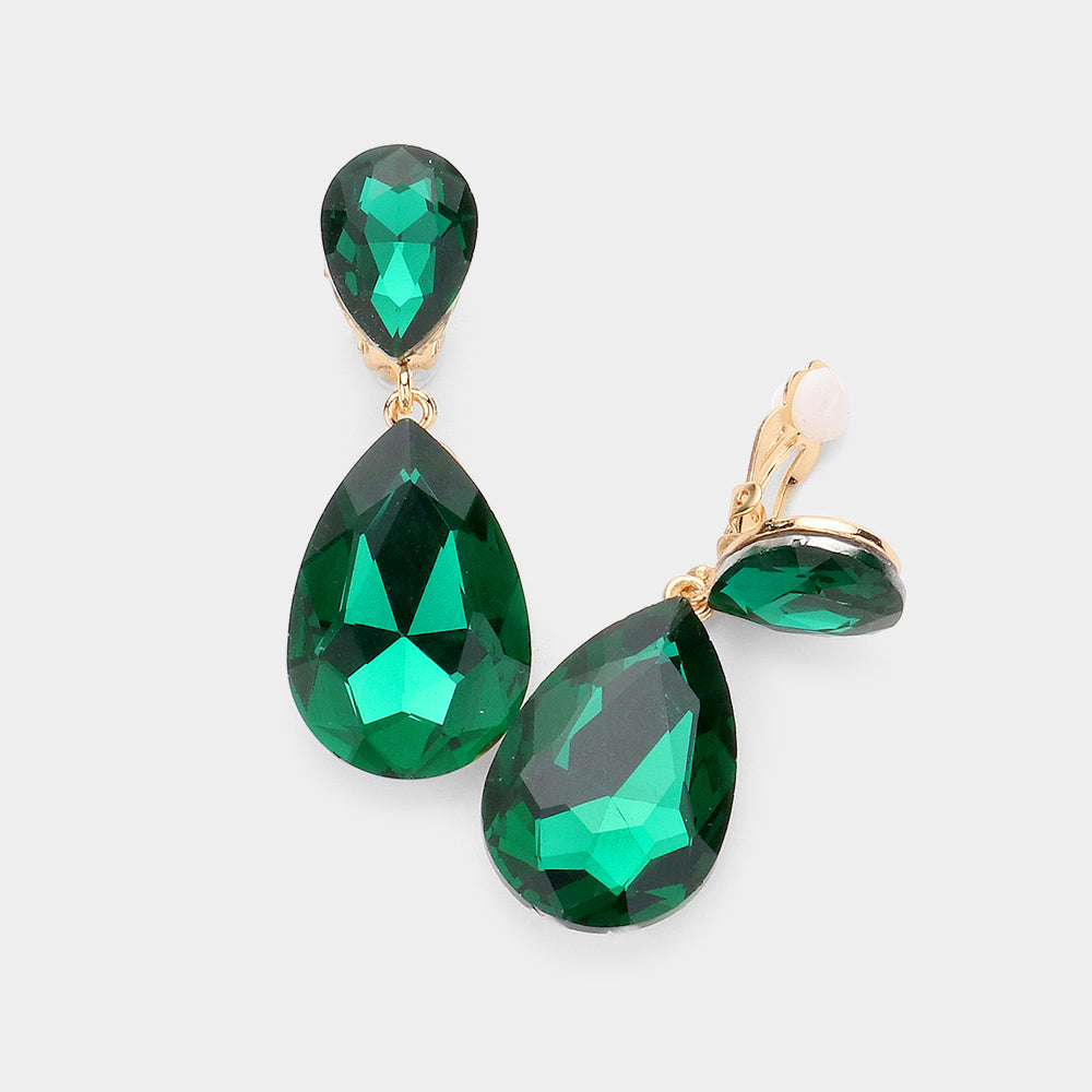 Women's Glass Crystal Double Teardrop Clip on Evening Dangle Earrings
