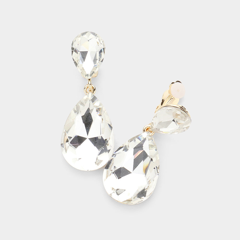Women's Glass Crystal Double Teardrop Clip on Evening Dangle Earrings