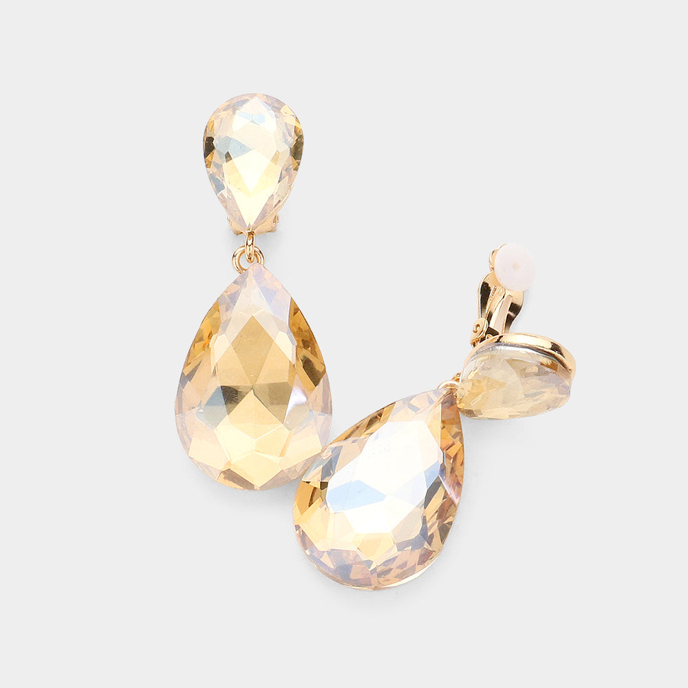 Women's Glass Crystal Double Teardrop Clip on Evening Dangle Earrings