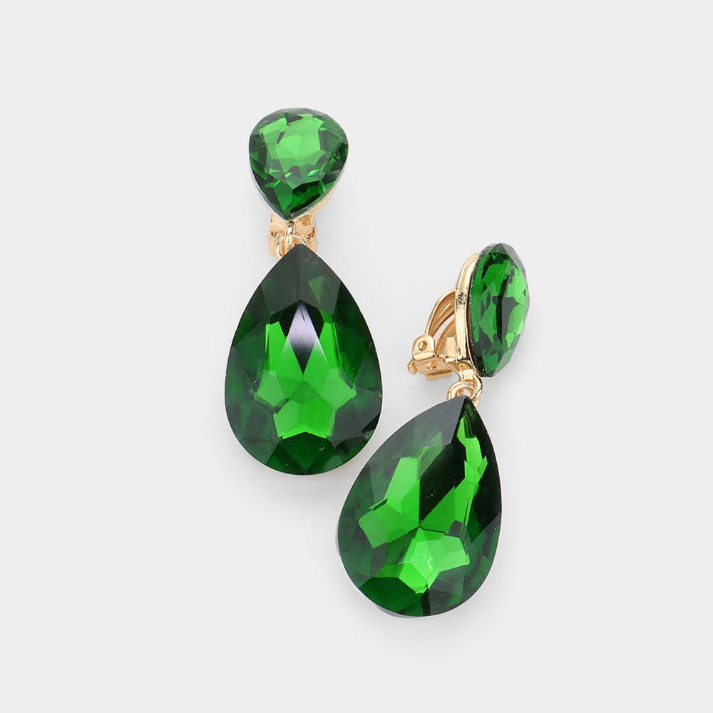 Women's Glass Crystal Double Teardrop Clip on Evening Dangle Earrings