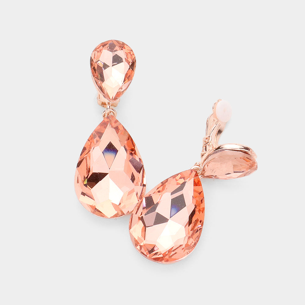 Women's Glass Crystal Double Teardrop Clip on Evening Dangle Earrings