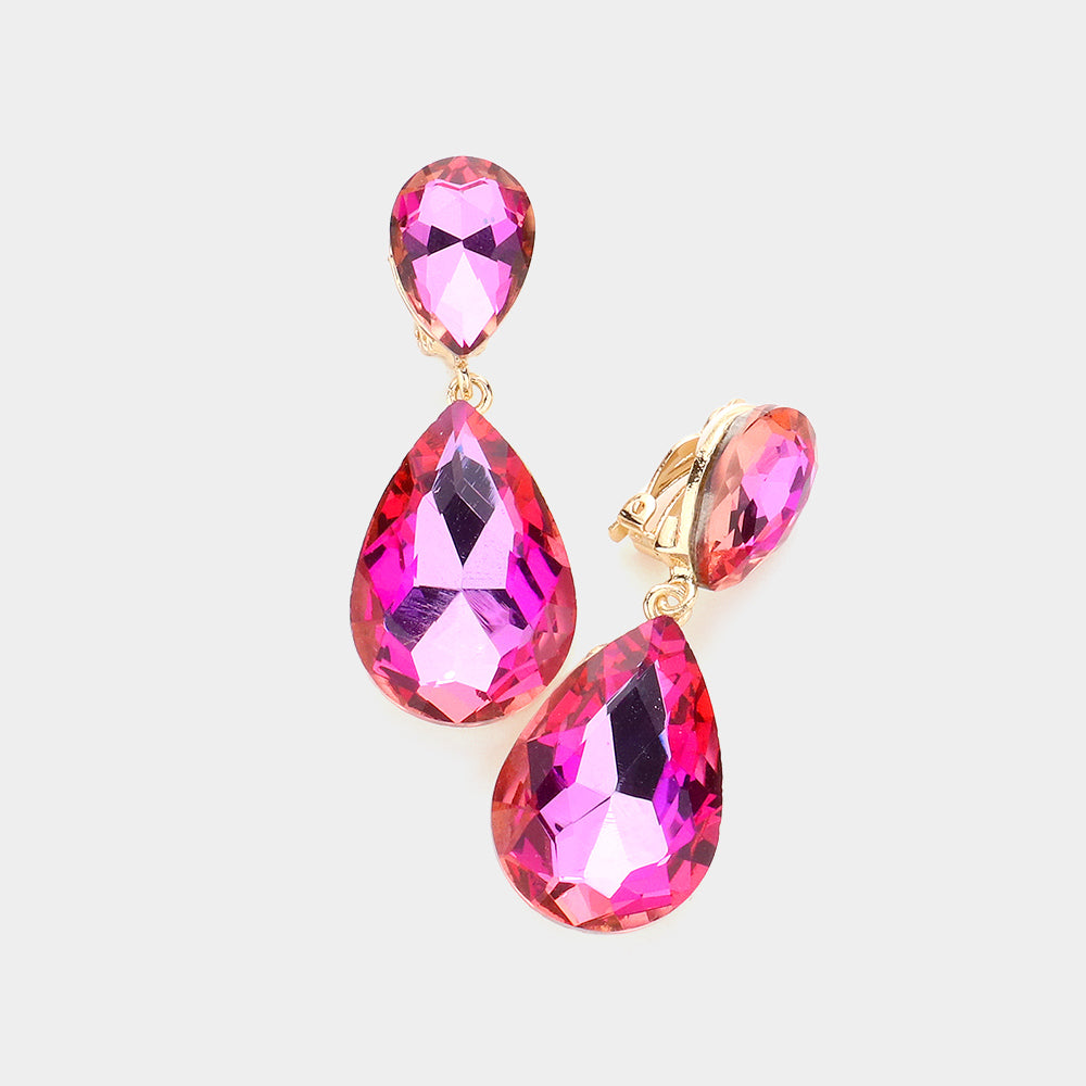 Women's Glass Crystal Double Teardrop Clip on Evening Dangle Earrings