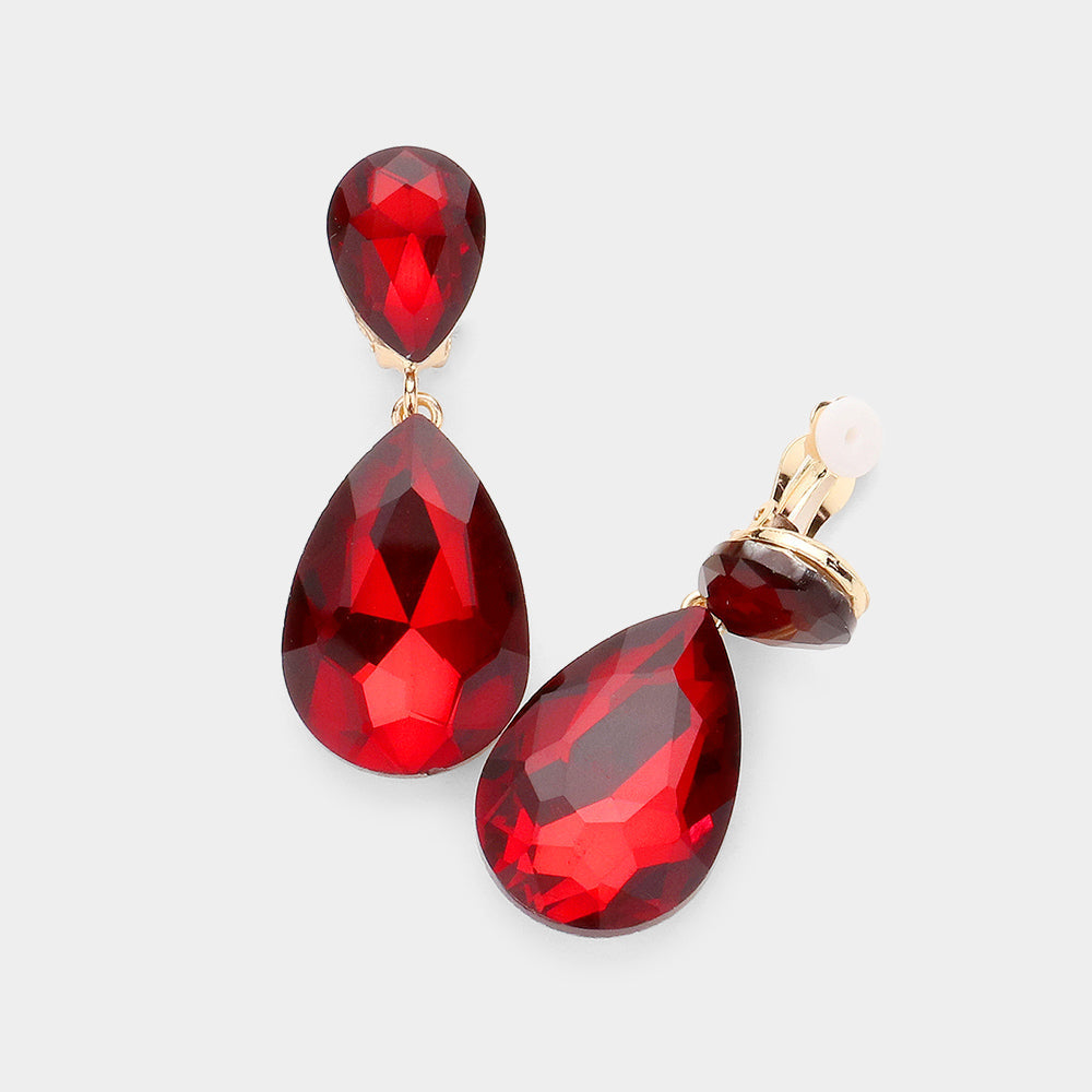 Women's Glass Crystal Double Teardrop Clip on Evening Dangle Earrings